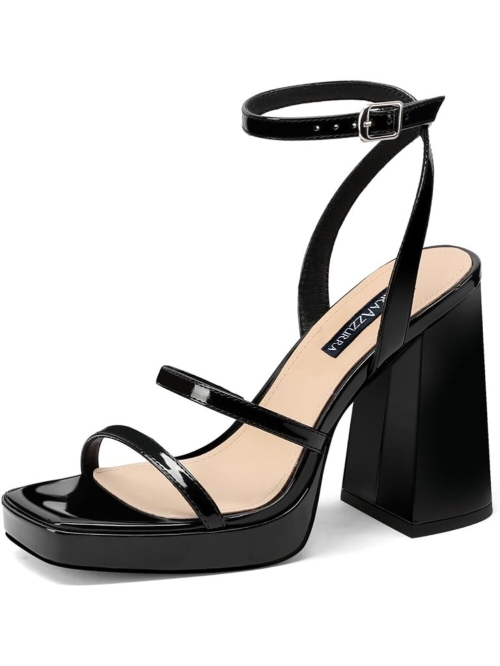 Women's Black Faux Leather Chunky Block Heel Square Open Toe Two Strap Heels